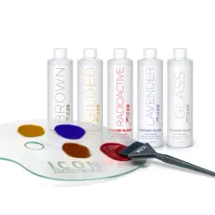 Paleta de peluquería con tintes ICON Stained Glass y pincel, ideal para aprender como hacer un arrastre de color.