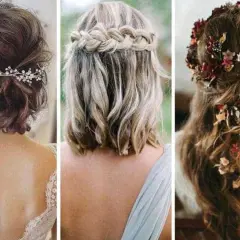 Tres estilos de recogidos elegantes para bodas: moño bajo con tiara, trenza de cascada y melena suelta con flores.