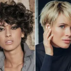 Dos peinados media melena para mujeres de 50 años: rizado oscuro y liso rubio.