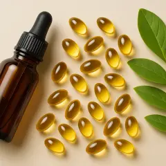 Frasco con gotero y cápsulas doradas, ideales para el cuidado de la piel. La vitamina E para la cara es un secreto de belleza natural.