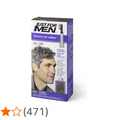 Caja de tinte "Just For Men Touch of Grey" con imagen de hombre con cabello teñido.