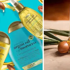 Botellas de champú, acondicionador y aceite de argán, destacando sus propiedades para el cabello. Gotas de aceite dorado fluyen sobre frutos secos de argán.