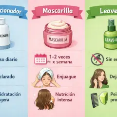 Ilustración compara la diferencia entre acondicionador (uso diario, aclarado, hidratación ligera), mascarilla (1-2 veces/semana, enjuague, nutrición intensa) y leave-in (sin enjuague, dejar puesto, peinado y protección).