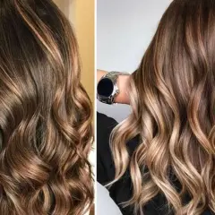 Cabello castaño con mechas difuminadas que crean un efecto de luz y profundidad, con ondas suaves y naturales.