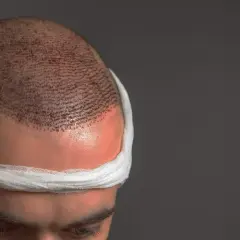 Hombre con vendaje en la cabeza tras trasplante capilar. Se aprecian los injertos para un pelo normal.