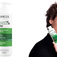 Champú anticaspa Dercos DS, ideal para quitar tinte y tratar la caspa. Un hombre joven sostiene la botella.