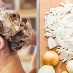 Cabello con espuma y cebollas cortadas. Descubre las champu de cebolla propiedades para un cabello fuerte y saludable.
