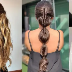 Peinados fáciles para bodas pelo largo: coleta baja con trenza, cola de burbujas y media coleta trenzada.