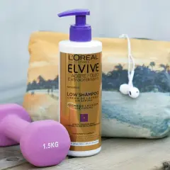 Rutina de ejercicio y cuidado capilar: pesa de 1.5kg, bolso playero y champú low poo Elvive.