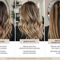 Tres estilos de cabello: balayage rubio degradado, babylights finas y mechas tradicionales marcadas.
