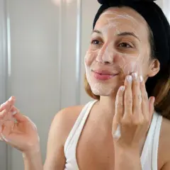 Mujer con espuma en el rostro, aplicándose un limpiador facial con ácido glicólico y niacinamida.