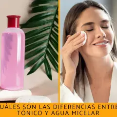 Botella de tónico rosa y mujer aplicándose agua micelar. Descubre la diferencia entre tónico y agua micelar para tu rutina de cuidado facial.