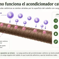 Moléculas catiónicas (acondicionador) con carga positiva se adhieren al cabello (carga negativa), dejándolo suave. Acondicionador y suavizante es lo mismo.