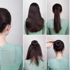 Tutorial paso a paso para crear un moño alto elegante. Cabello recogido en coleta, enrollado y asegurado con horquillas.