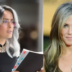 Dos mujeres con pelo con canas y mechas. A la izquierda, Salma Hayek con gafas y un libro. A la derecha, Jennifer Aniston con su icónico pelo rubio.