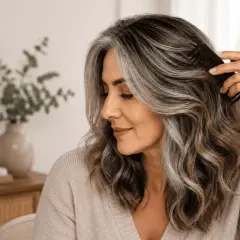 Mujer peinando su cabello con canas, pensando en cómo teñir pelo con canas en casa para un look renovado.