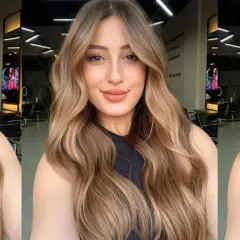 Mujer con cabello largo y ondulado con mechas balayage en tonos miel y caramelo.