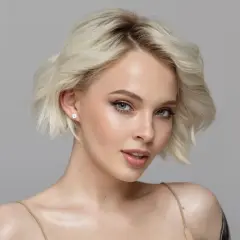 Mujer joven con piel blanca, ojos marrones y cabello rubio platino.