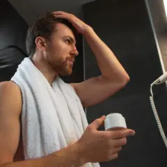 Hombre con pelo fosco se arregla el cabello con crema, envuelto en una toalla blanca.