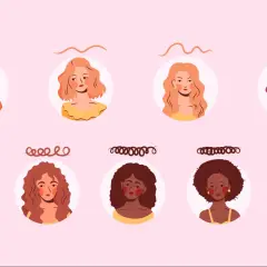 Ilustración de mujeres con diferentes tipos de cabello: liso, ondulado y rizado.