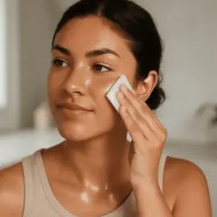 Mujer aplicando tónico en su rostro, parte de su rutina piel grasa.