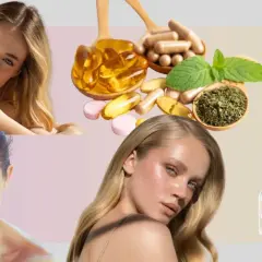 Mujeres con piel radiante junto a suplementos, incluyendo cápsulas y pastillas, sugiriendo beneficios para la piel, como el magnesio para la piel.