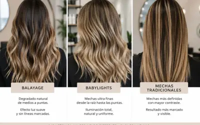 Tres estilos de cabello: balayage rubio degradado, babylights finas y mechas tradicionales marcadas.