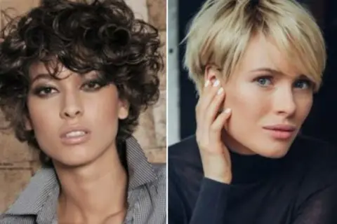 Dos peinados media melena para mujeres de 50 años: rizado oscuro y liso rubio.