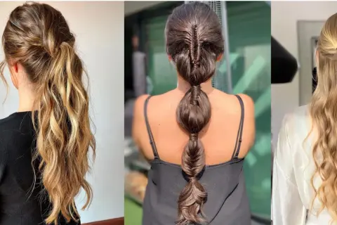 Peinados fáciles para bodas pelo largo: coleta baja con trenza, cola de burbujas y media coleta trenzada.