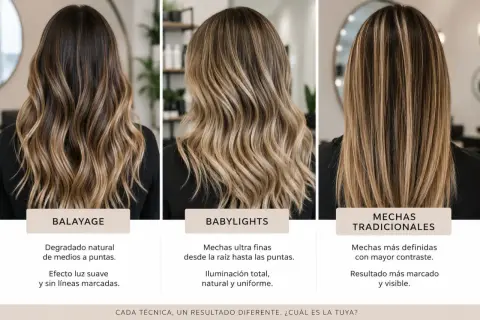Tres estilos de cabello: balayage rubio degradado, babylights finas y mechas tradicionales marcadas.