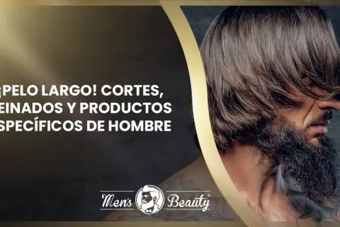 Hombre con pelo largo y barba, mostrando cortes, peinados y productos específicos para el cuidado masculino.
