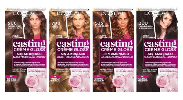 Cuatro tonos de L'Oréal Casting Crème Gloss, para un baño de color sin amoniaco.