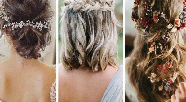 Tres estilos de recogidos elegantes para bodas: moño bajo con tiara, trenza de cascada y melena suelta con flores.