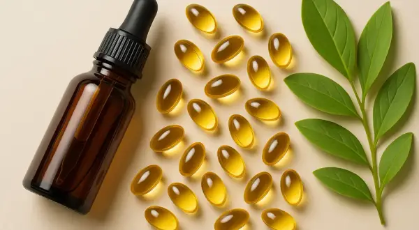Frasco con gotero y cápsulas doradas, ideales para el cuidado de la piel. La vitamina E para la cara es un secreto de belleza natural.