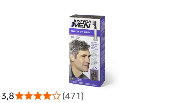 Caja de tinte "Just For Men Touch of Grey" con imagen de hombre con cabello teñido.