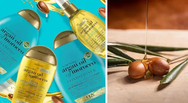 Botellas de champú, acondicionador y aceite de argán, destacando sus propiedades para el cabello. Gotas de aceite dorado fluyen sobre frutos secos de argán.