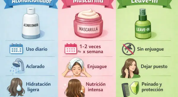Ilustración compara la diferencia entre acondicionador (uso diario, aclarado, hidratación ligera), mascarilla (1-2 veces/semana, enjuague, nutrición intensa) y leave-in (sin enjuague, dejar puesto, peinado y protección).