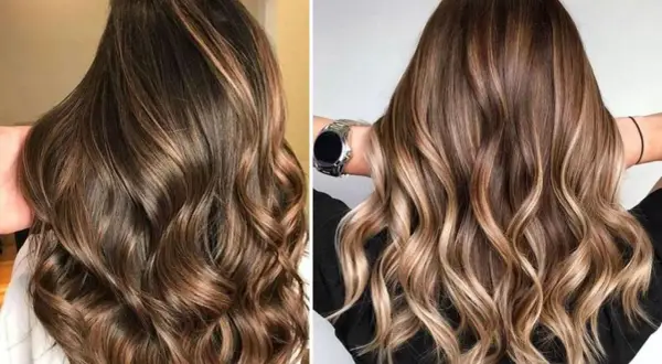 Cabello castaño con mechas difuminadas que crean un efecto de luz y profundidad, con ondas suaves y naturales.