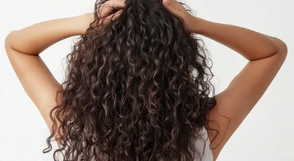 Mujer con pelo crespo oscuro y voluminoso, con las manos en la cabeza, mostrando la textura natural de su cabello.