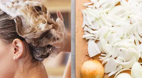 Cabello con espuma y cebollas cortadas. Descubre las champu de cebolla propiedades para un cabello fuerte y saludable.