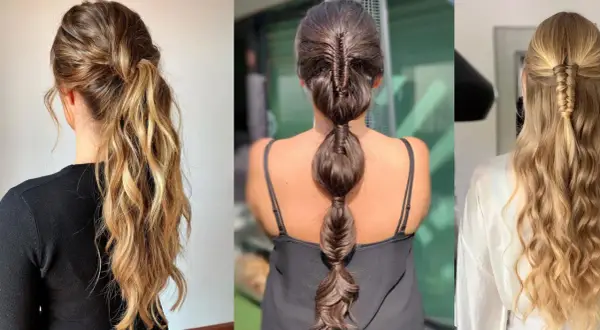 Peinados fáciles para bodas pelo largo: coleta baja con trenza, cola de burbujas y media coleta trenzada.