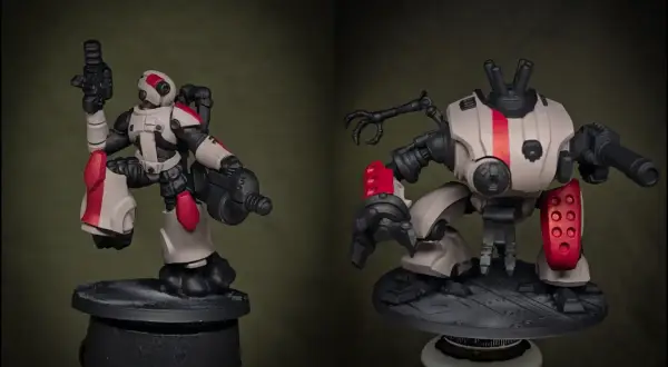 Dos figuras de acción de robots con armadura blanca y detalles en rojo vibrante, incluyendo **mechas pelirojas** en las rodillas y hombros.