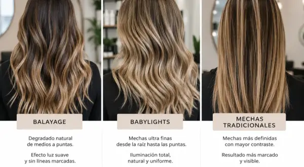 Tres estilos de cabello: balayage rubio degradado, babylights finas y mechas tradicionales marcadas.