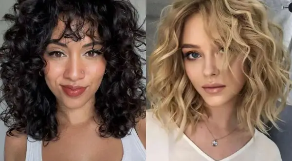 Dos mujeres con peinados pelo rizado media melena. Una con pelo oscuro y flequillo, la otra con pelo rubio ondulado.