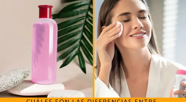 Botella de tónico rosa y mujer aplicándose agua micelar. Descubre la diferencia entre tónico y agua micelar para tu rutina de cuidado facial.