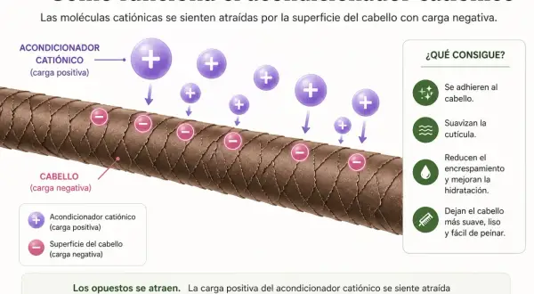 Moléculas catiónicas (acondicionador) con carga positiva se adhieren al cabello (carga negativa), dejándolo suave. Acondicionador y suavizante es lo mismo.