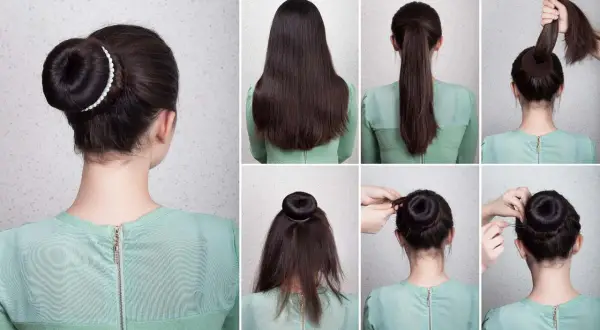 Tutorial paso a paso para crear un moño alto elegante. Cabello recogido en coleta, enrollado y asegurado con horquillas.