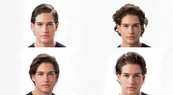 Hombre con pelo liso a rizado en cuatro estilos diferentes.