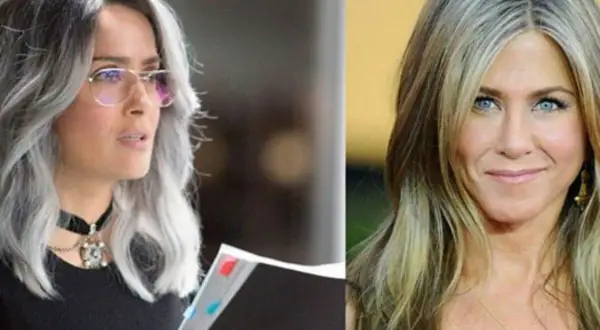 Dos mujeres con pelo con canas y mechas. A la izquierda, Salma Hayek con gafas y un libro. A la derecha, Jennifer Aniston con su icónico pelo rubio.