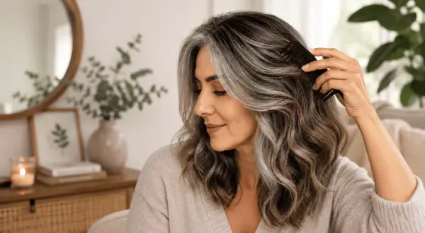 Mujer peinando su cabello con canas, pensando en cómo teñir pelo con canas en casa para un look renovado.